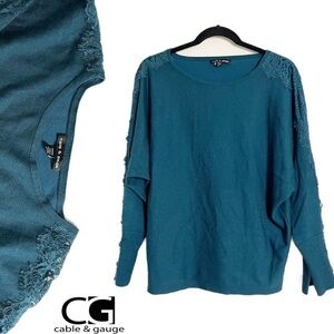 CABLE & GAUGE Women’s Teal Pullover Lace Sleeve Sweater - Medium